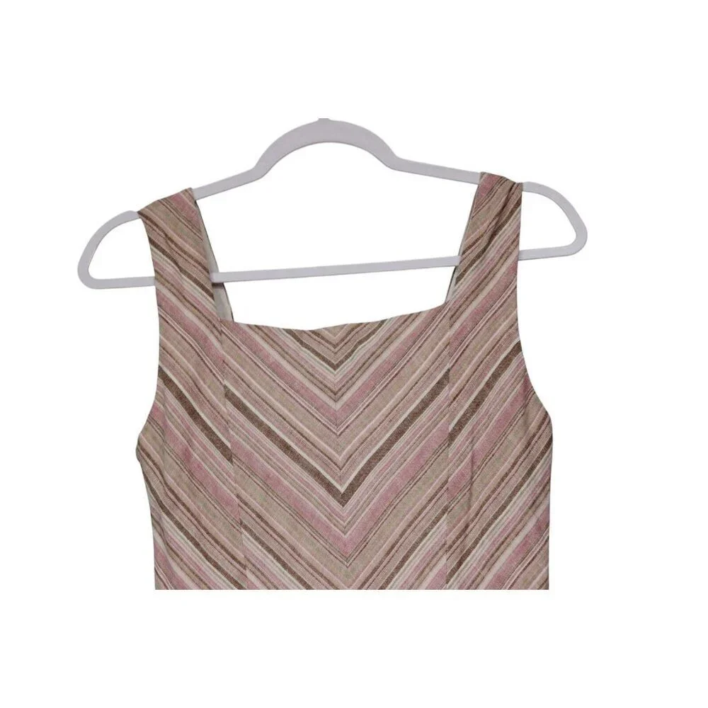 Fit & Flare Swing Midi Dress Size 4 Linen Chevron Beach Retro Boho Sundress